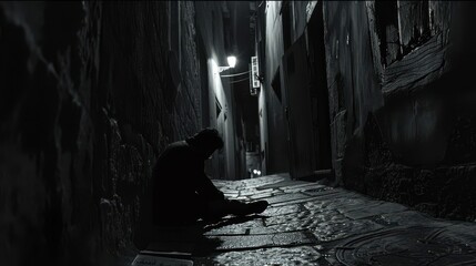 Wall Mural - A man is sitting on the ground in a dark alleyway