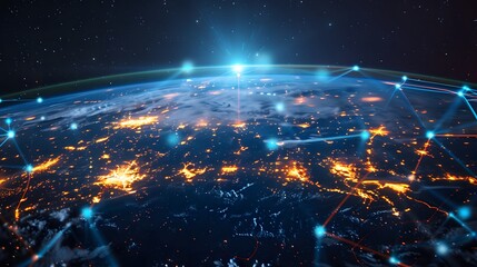 Digital globe focused on America, featuring glowing network lines and cyber technology elements for global connectivity