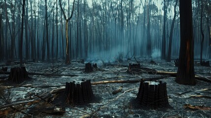 Wall Mural - A forest fire has burned down many trees and the ground is covered in ash