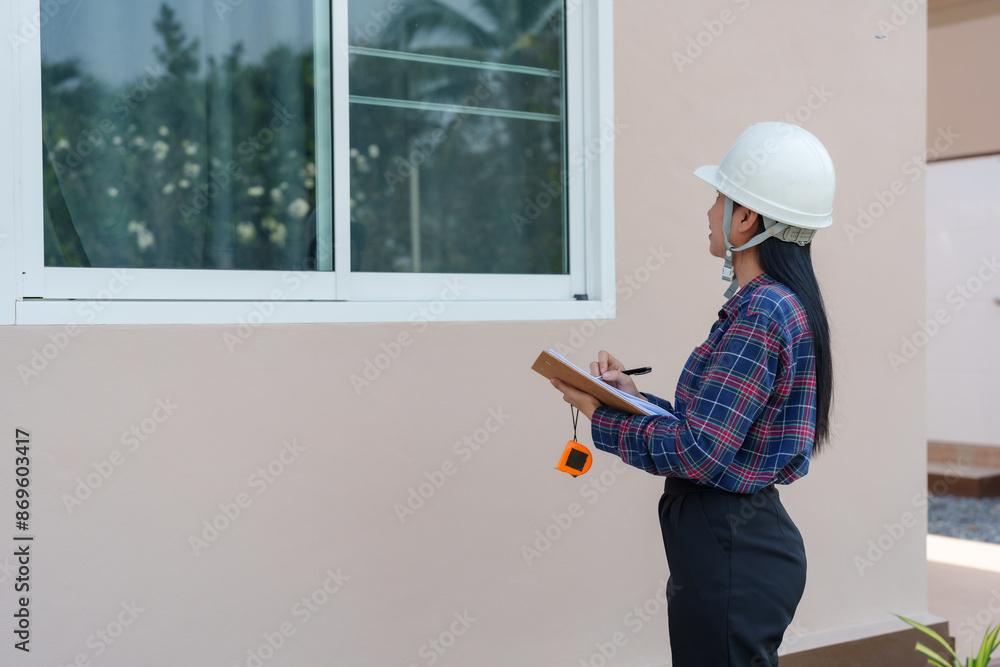Asian female construction inspector examining window installation ...