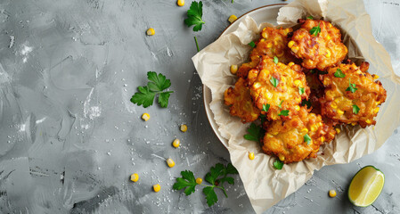 Crispy corn fritters on parchment with parsley garnish gray background