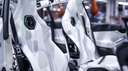 Poster - Close-up view of two white car seats being assembled in a factory. The seats are covered in white fabric and have black accents.