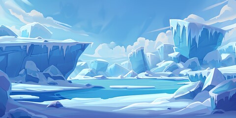 Wall Mural - a snowy landscape with mountains in the background and a frozen lake in the foreground. scene is ser