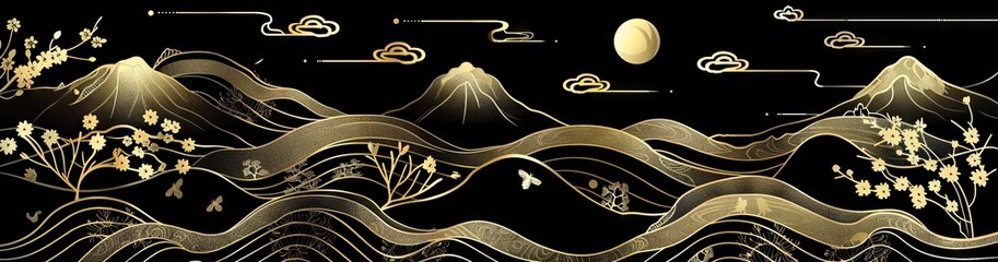 Wall Mural - Mountain line art background, luxury gold wallpaper design for cover, invitation background, packaging design, wall art and print. AI generated illustration