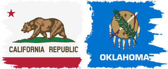 Oklahoma and California states grunge brush flags connection vector