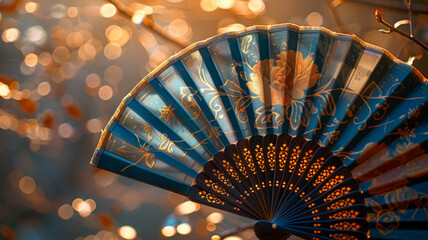 Ornate blue fan with floral design and bokeh background lighting.