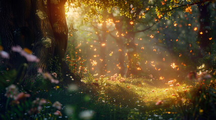 a beautiful forest background, elf living, river, mystery cozy lighting.