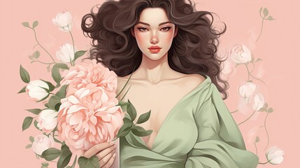 Wall Mural - An elegant woman carrying flowers in her hand 