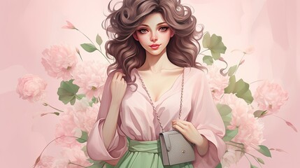 Wall Mural - An elegant woman carrying flowers 