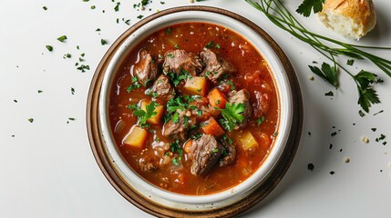 Wall Mural - Bowl of beef stew with potatoes and vegetables, garnished with parsley. Hearty meal photography for culinary design and print. Top view