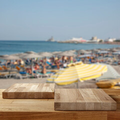 Sticker - Empty wooden table with blurred background of crowded beach  and sea. Summer holiday concept. Copy space for products.