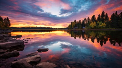 Sticker - Sunset reflections over calm lake waters.