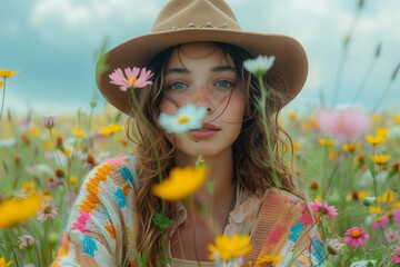 Wall Mural - Young Woman in a Wide-Brimmed Hat Posing in a Field of Wildflowers