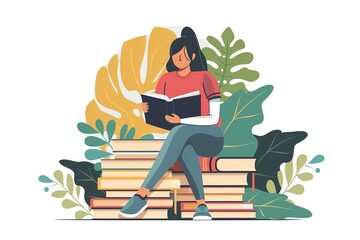 A young woman sits on a stack of books, reading a book, surrounded by greenery.