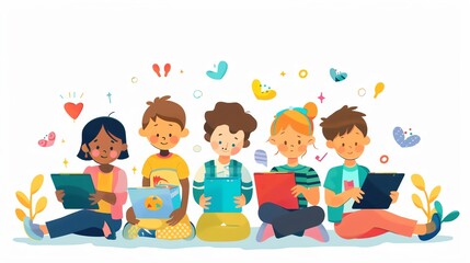 Group of diverse children using digital devices.