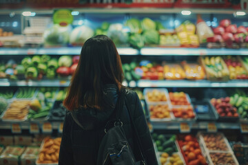 Young lady choosing vegetables and fruits in supermarket. Woman shopping for produce in grocery store.