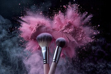 Wall Mural - colorful powder explosion with makeup brushes on dark background, Ideal for cosmetic websites, schools, articles or advertisements, makeup background, cosmetic backgrounds