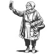 © NikahGeh - senior citizen woman taking selfie photo on smartphone with engraving style