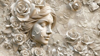 Wall Mural - Beautiful Stone color 3D relief floral wallpaper with a female face. Mural wallpaper. Wall art. AI generated illustration.