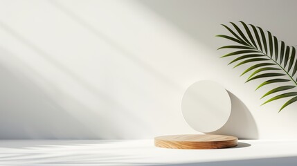 Minimal natural wooden podium, exquisite grain in sunlight, shadows cast on a white backdrop, ideal for luxury decoration and beauty treatment product display