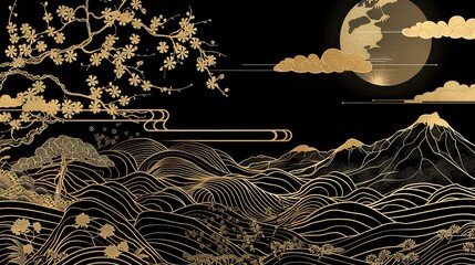 Wall Mural - Mountain line art background, luxury gold wallpaper design for cover, invitation background, packaging design, wall art and print. AI generated illustration