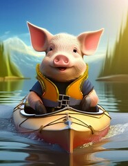 Canvas Print - pig on a kayak on the river 3d