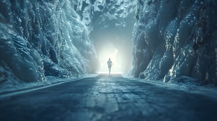 Road Through Luminous Crystalline Cave with Businessperson in Motion Symbolizing Clarity and New