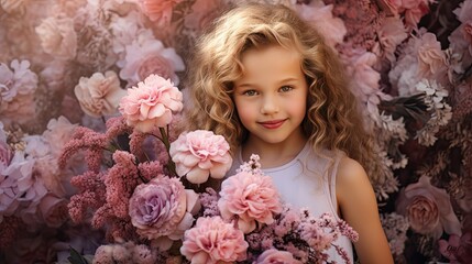 Poster - happy little girl holding huge bouquet of pink and purple flowers