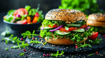 Wall Mural - Healthy Veggie Bagel: A bagel layered with hummus, cucumber slices, tomato, and leafy greens, served on a dark plate with a side of mixed salad. 