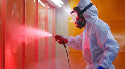 Leinwandbilder - A worker in a protective suit and respirator sprays red paint onto a metal surface in an industrial facility.