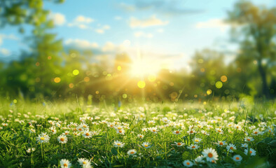 Canvas Print - Serene spring meadow with wildflowers and trees on a sunny day