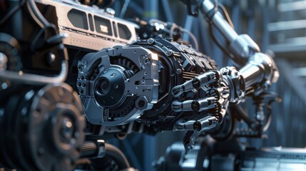 Poster - A close-up shot of a robotic arm and its intricate gear system, highlighting the advanced engineering and design involved in creating such technology.