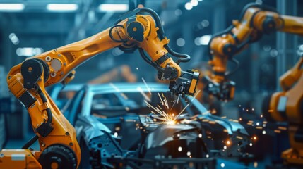 Leinwandbilder - A robotic arm welds a car body in a factory setting. Sparks fly from the welding process as the arm works precisely and efficiently.