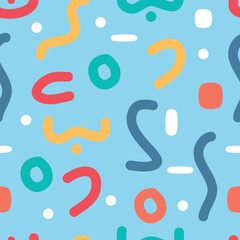 Fun colorful line doodle seamless pattern on blue background. Creative minimalist style art background for children or trendy design with basic shapes.