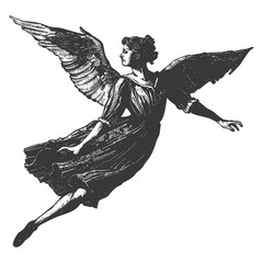 flying woman with engraving style black color only