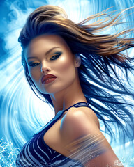 Wall Mural - A woman with long hair and a blue tank top is posing for a photo. The image has a blue and white color scheme and a watery, wavy texture. The woman's hair is blowing in the wind