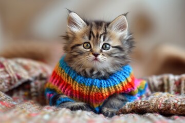 a kitten in a colorful sweater