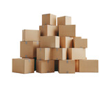 Stack of cardboard boxes in various sizes, isolated on white.