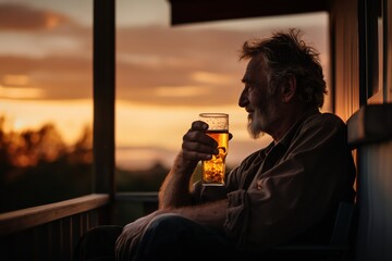 Sticker - a man drinking beer on a porch at sunset