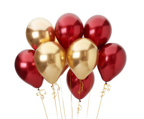 Bunch of red and gold balloons on white background..