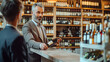 © mikhailberkut - Refined Sommelier Recommending a Bottle of Wine to a Young Patron at an Elegant Wine Shop