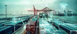© Anoo - A cargo ship sits docked in a busy port, surrounded by a network of container lines and cranes, all interconnected by glowing digital lines