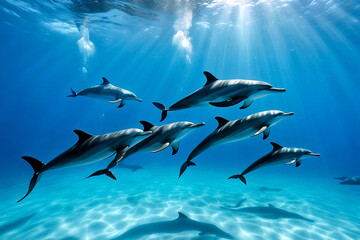 Wall Mural - Dolphins swim under water. A school of dolphins swims through a group of divers. Marine life underwater in ocean. Observation animal world. Scuba diving adventure in Red sea, coast Africa