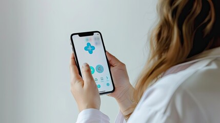 Wall Mural - Hand of a woman holding a cell phone with a health app, white background