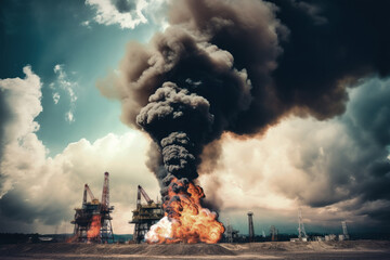Wall Mural - A large plume of black smoke billows from a burning oil rig, a stark reminder of the environmental impact of fossil fuel extraction