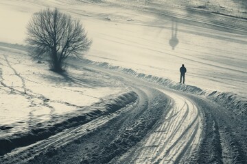 Wall Mural - a lonely man walking in the snow on a lonely road in winter