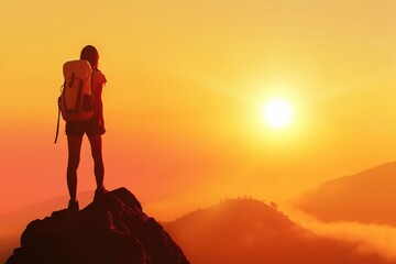 Wall Mural - a woman on a mountain top with a backpack