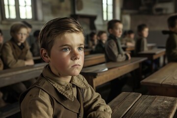 Canvas Print - A boy sits in an old classroom in an orphanage