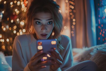 Canvas Print - a woman looking at her phone in front of a christmas tree