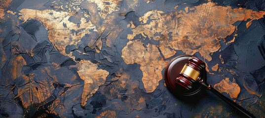 A close-up of a wooden gavel resting on a vintage world map, symbolizing the global impact of law and justice